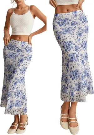 WDIRARA Women's Floral Print Fishtail Hem Skirt Contrast Mesh Lettuce Trim Long Skirts Summer Elegant Midi Skirt