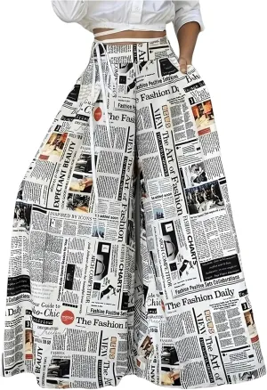 WDIRARA Women's Newspaper Print Wide Leg Pants Elastic Waist Loose Funky Letter Print Palazzo Pants
