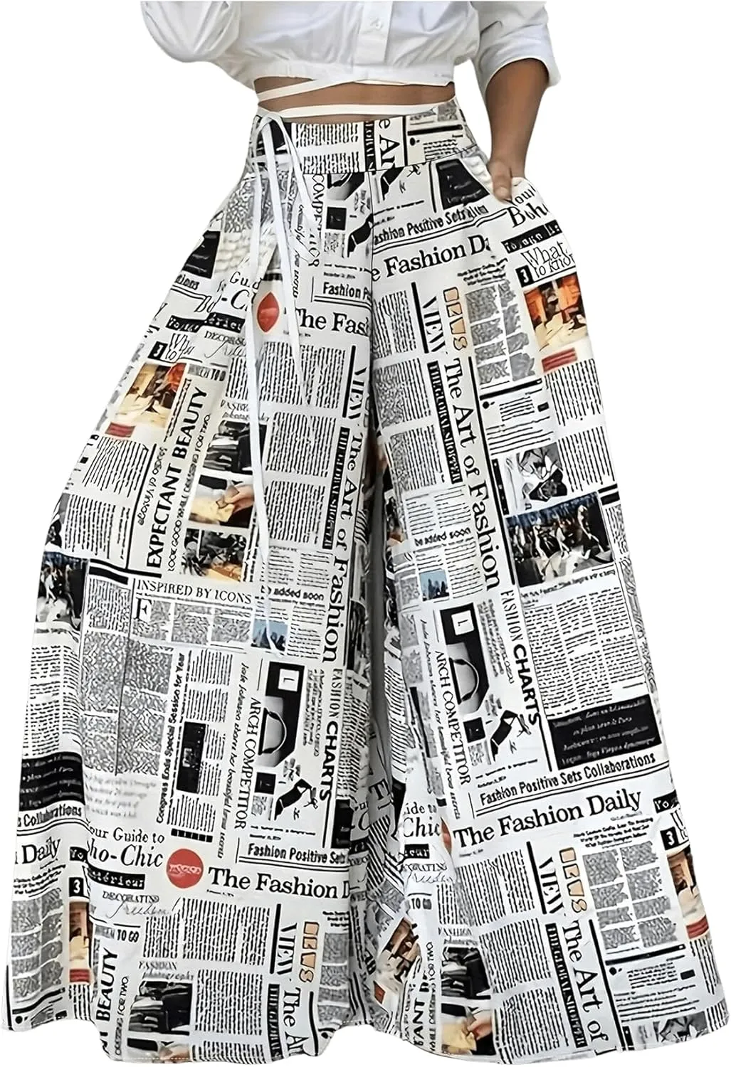WDIRARA Women's Newspaper Print Wide Leg Pants Elastic Waist Loose Funky Letter Print Palazzo Pants