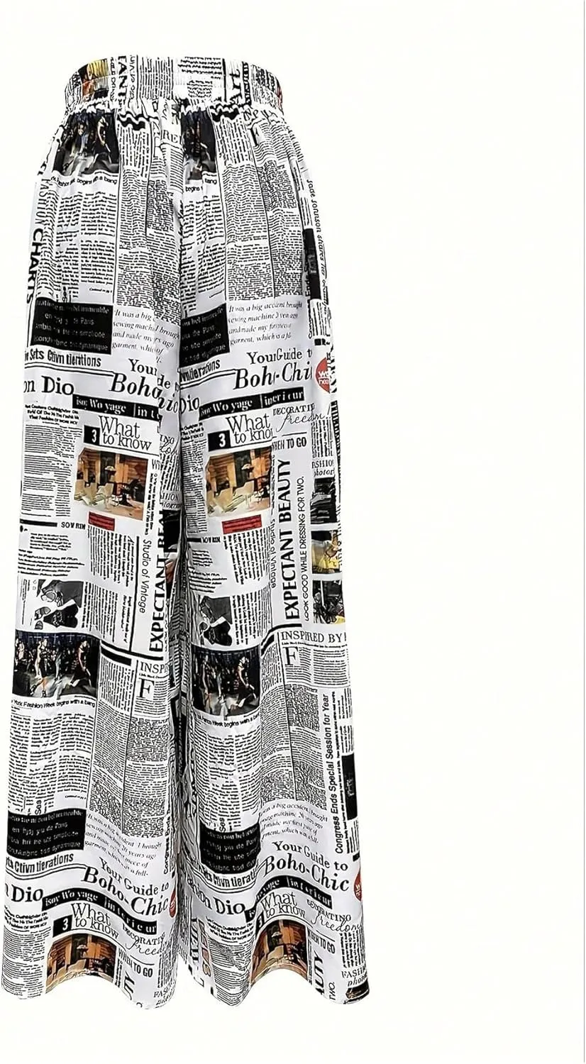 WDIRARA Women's Newspaper Print Wide Leg Pants Elastic Waist Loose Funky Letter Print Palazzo Pants