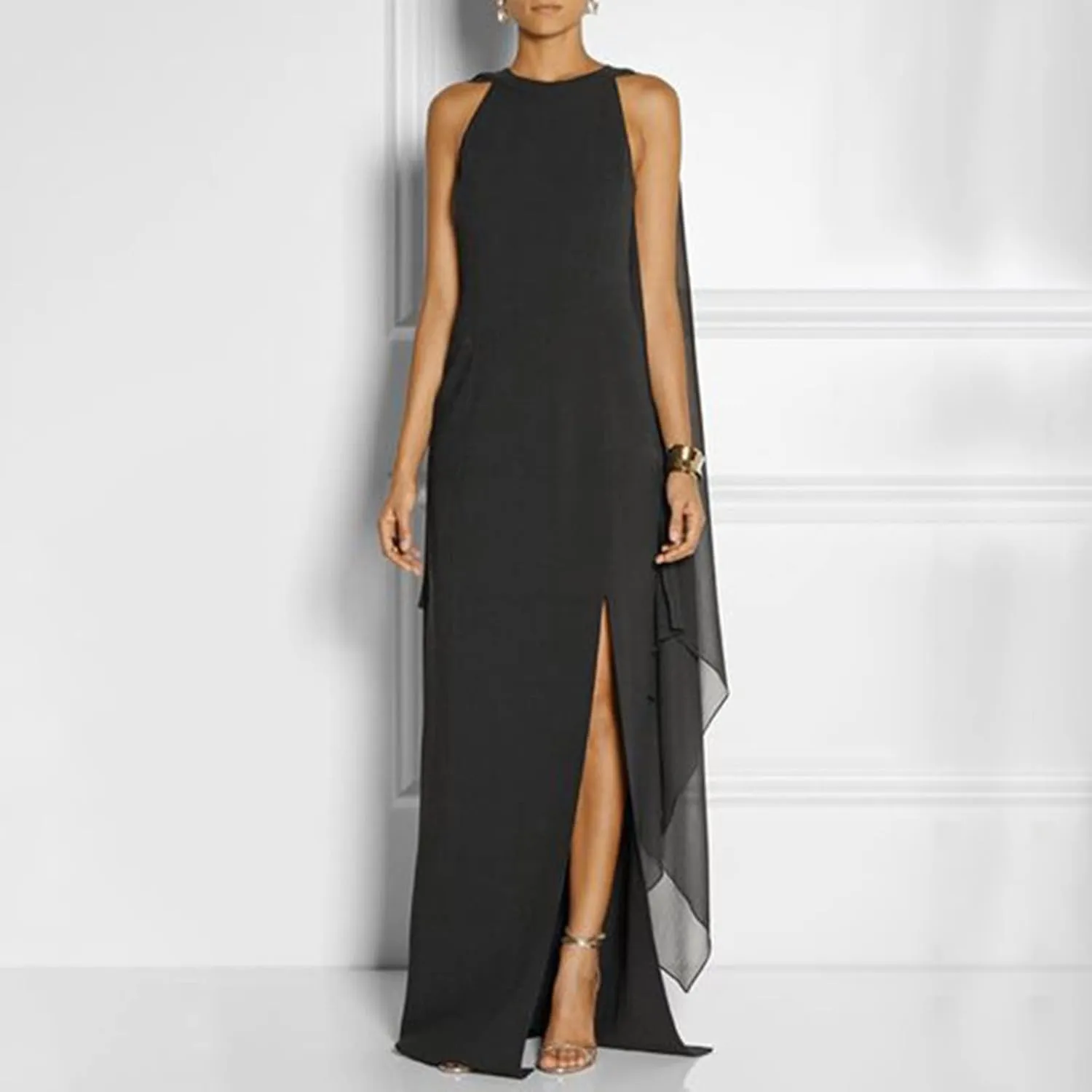Wedding Dresses for Women Chiffon Elegant High Split Flare Sleeve Dress Formal Evening Gowns Maxi Dress with Cape