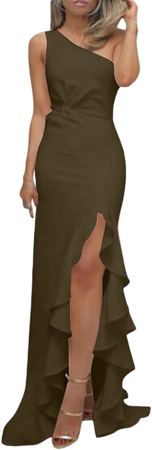Wedding Guest Dress for Women 2025,Women's Slim One Shoulder Ruched Split Mermaid Dress Evening Cocktail Maxi Dresses