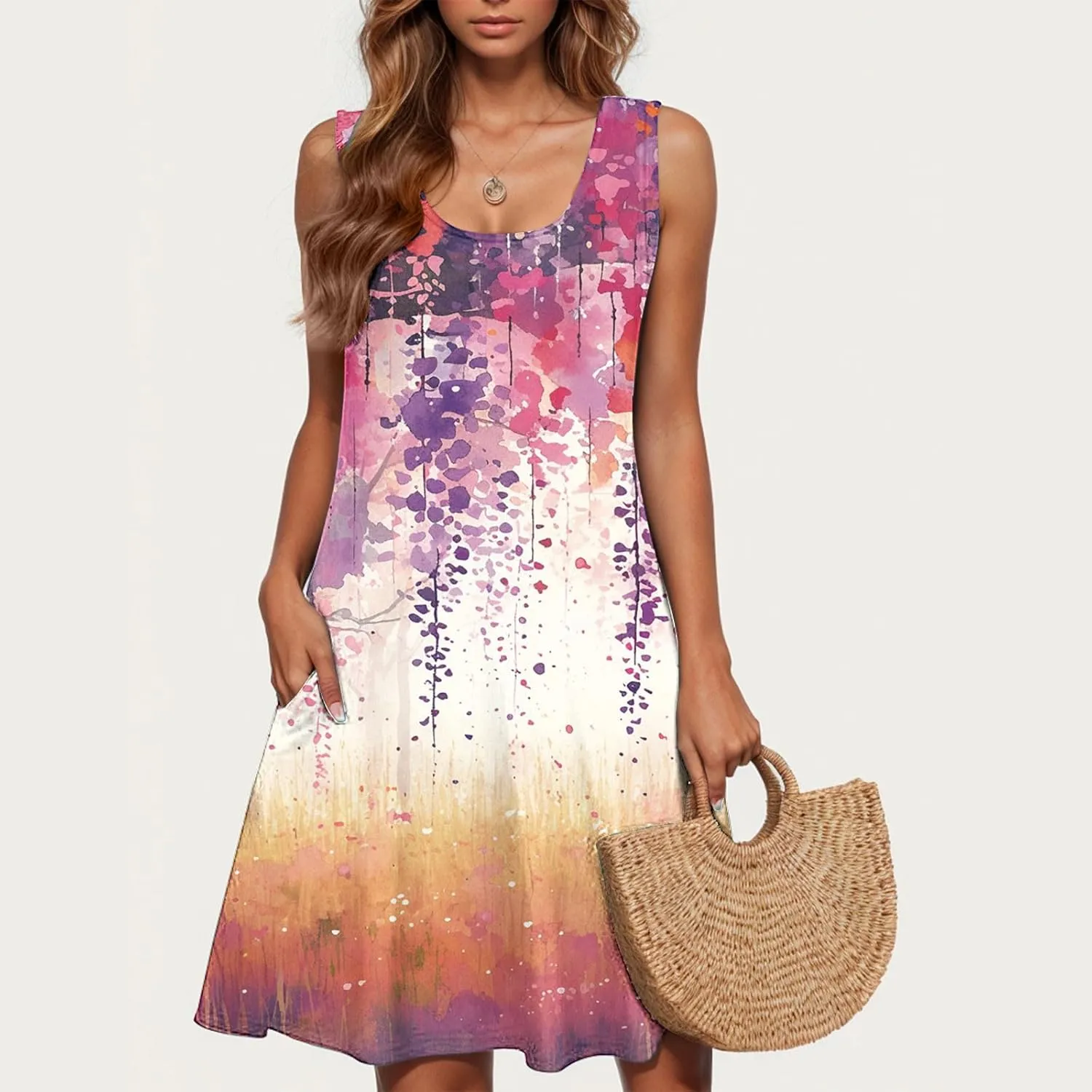Wedding Guest Dresses for Women Summer Sleevless Floral Loose Dress Ruffle Hem V Neck Dress Business Casual Outfits