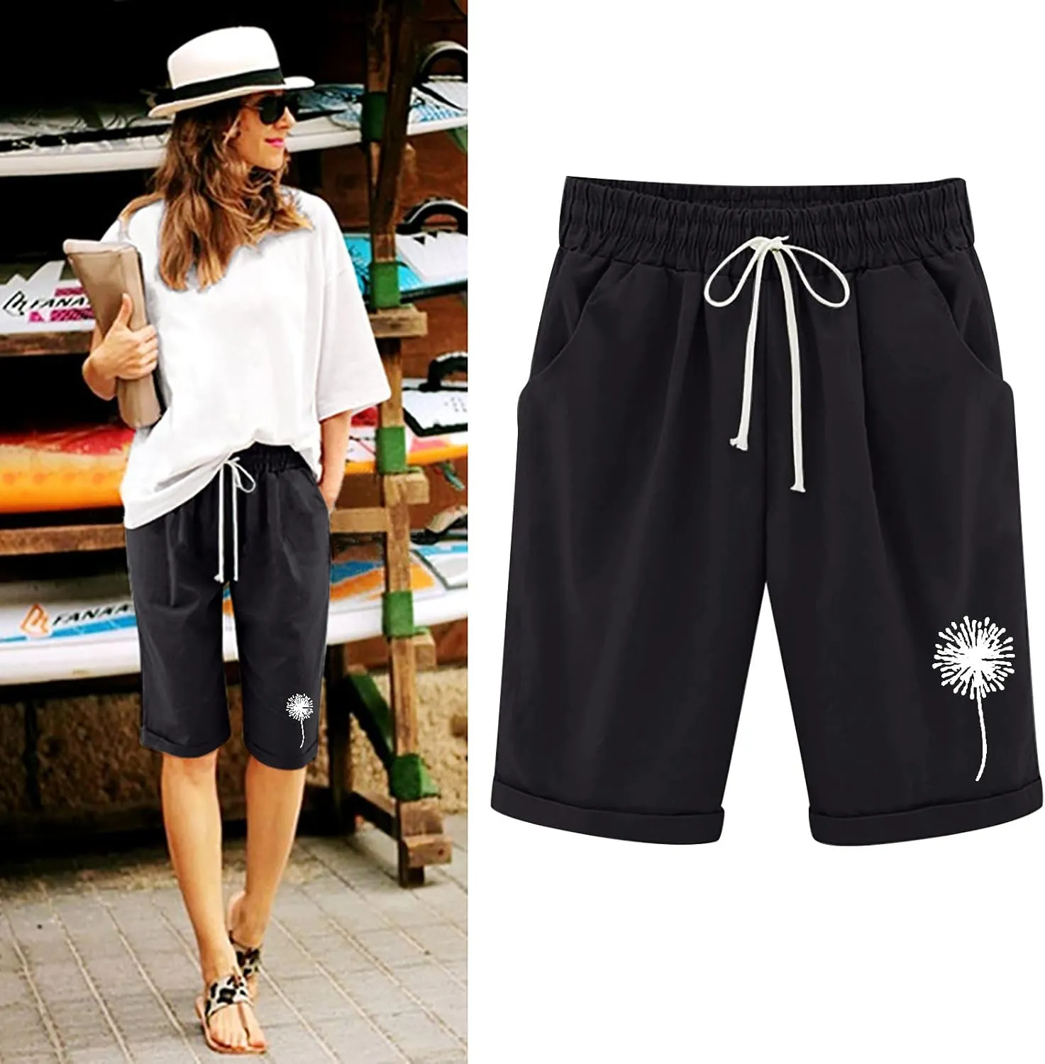 White Shorts for Woman Plus Size High Waisted Shorts Lacing Beach Workout Pocket Five Point Pants White Shorts for