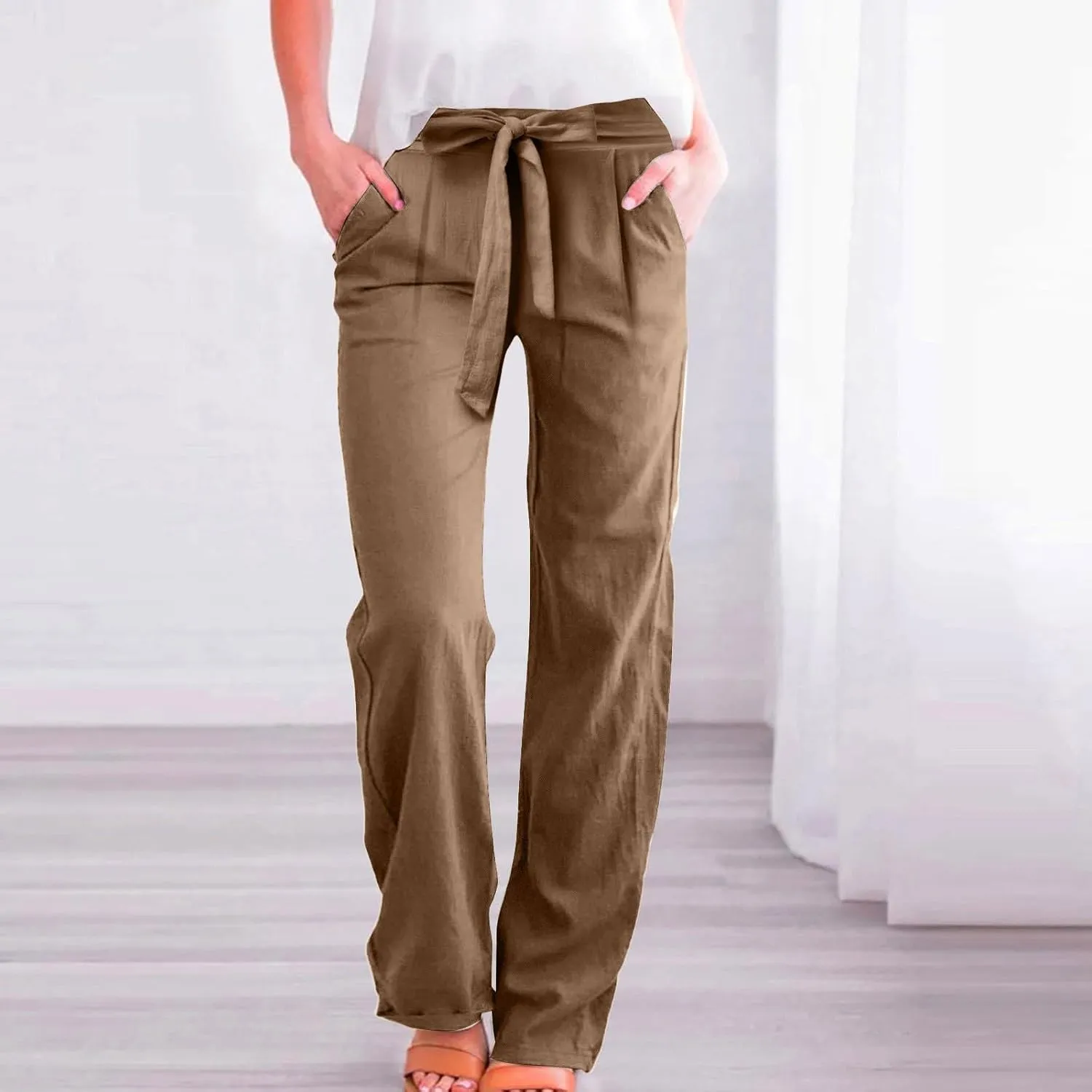 Wide Leg Linen Pants for Women Baggy Lightweight Casual Pants High Waist Drawstring Palazzo Pants Trousers w/Pockets