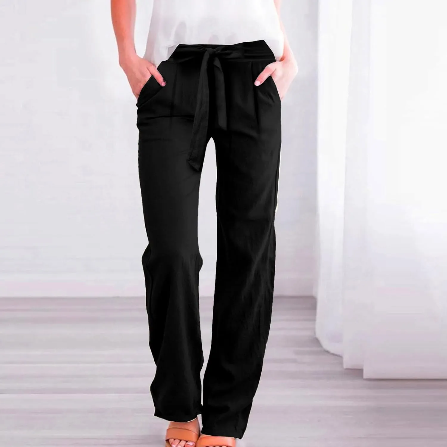 Wide Leg Linen Pants for Women Baggy Lightweight Casual Pants High Waist Drawstring Palazzo Pants Trousers w/Pockets