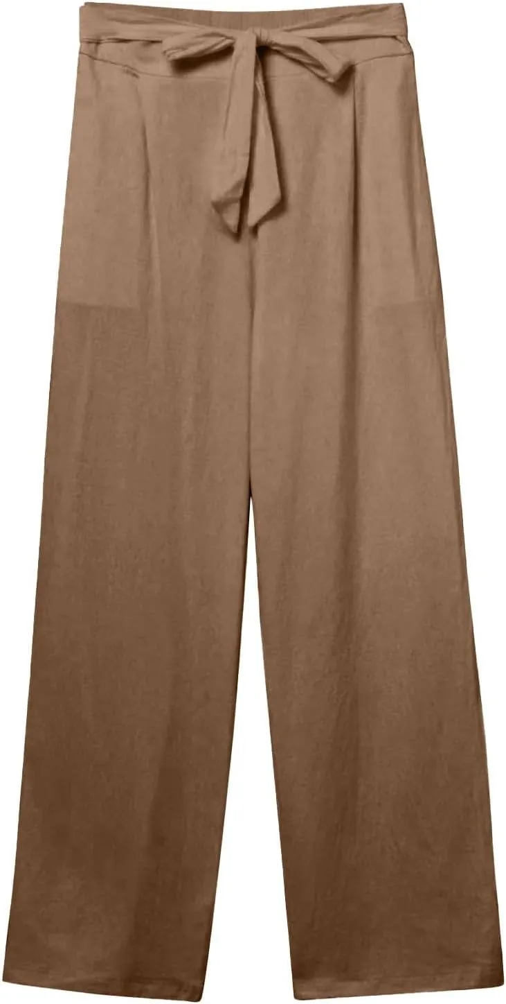Wide Leg Linen Pants for Women Baggy Lightweight Casual Pants High Waist Drawstring Palazzo Pants Trousers w/Pockets