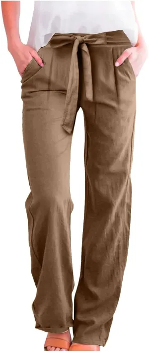 Wide Leg Linen Pants for Women Baggy Lightweight Casual Pants High Waist Drawstring Palazzo Pants Trousers w/Pockets