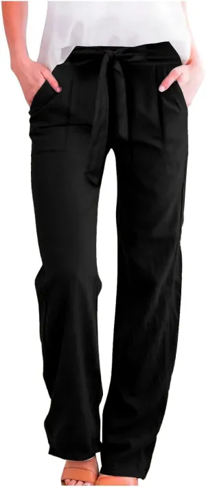 Wide Leg Linen Pants for Women Baggy Lightweight Casual Pants High Waist Drawstring Palazzo Pants Trousers w/Pockets