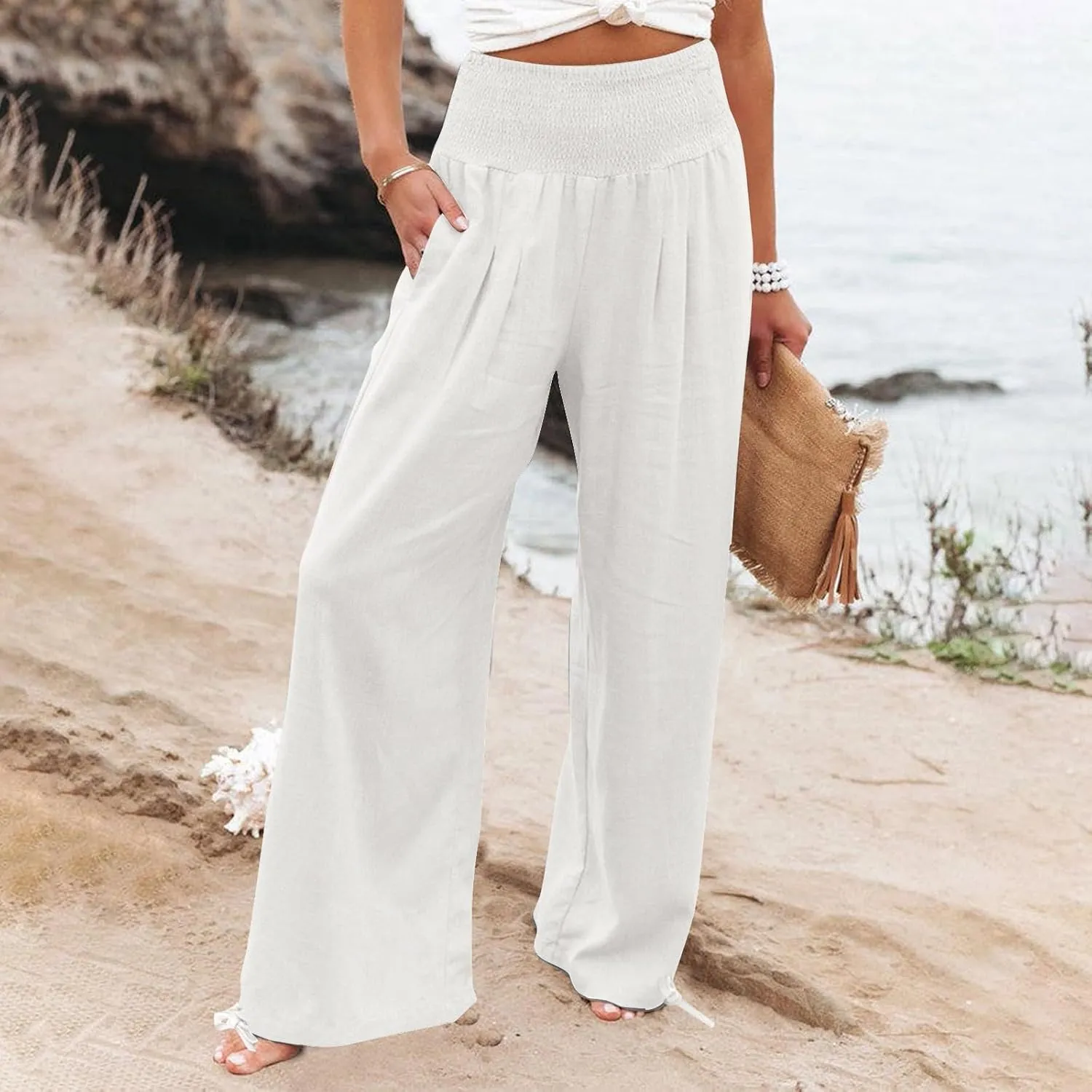 Wide Leg Linen Pants for Women Casual Summer Palazzo Pants Lightweight High Waisted Flowy Beach Pants 2024 Fashion