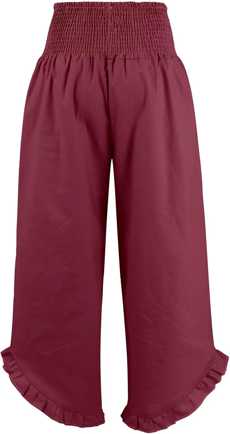 Wide Leg Linen Pants for Women Smocked Elastic Waist Ruffle Hem Palazzo Pants Summer Casual Loose Beach Pants