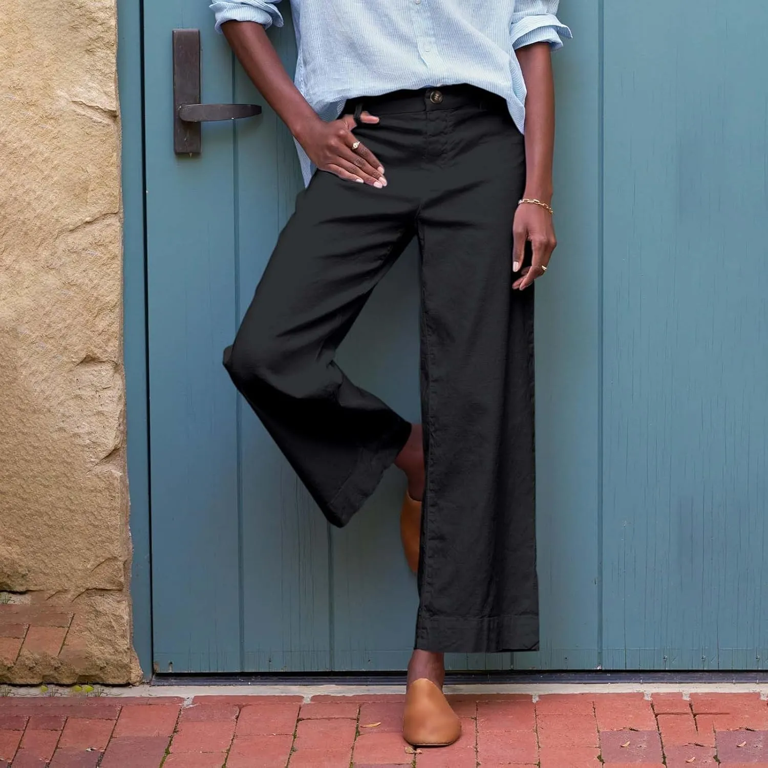 Wide Leg Linen Pants Women Cropped Elastic High Waisted Dress Pants Business Casual Comfy Work Pants with Pocket