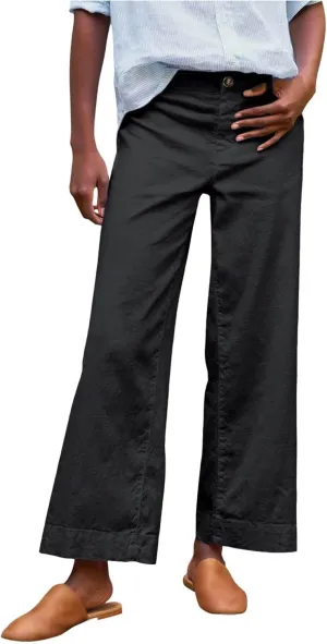 Wide Leg Linen Pants Women Cropped Elastic High Waisted Dress Pants Business Casual Comfy Work Pants with Pocket