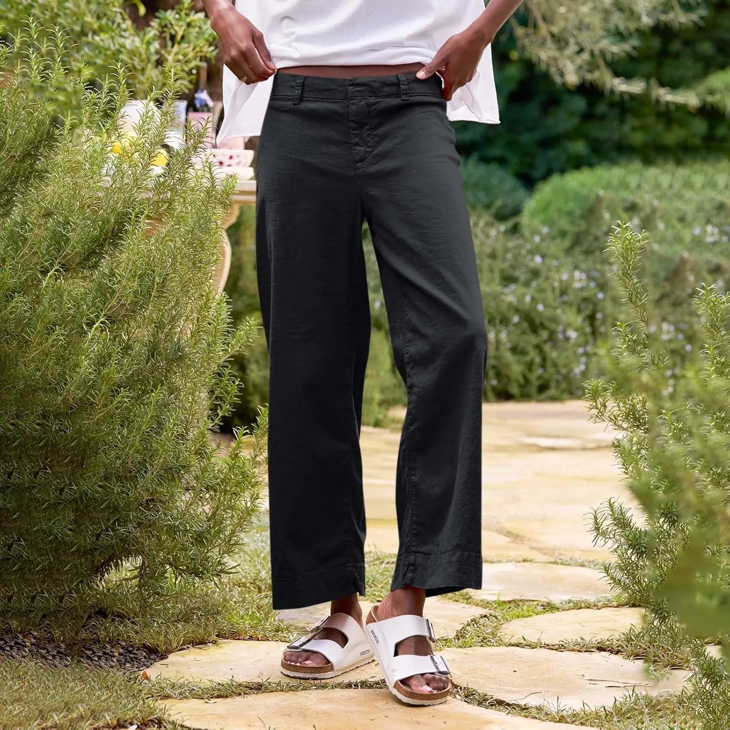Wide Leg Linen Pants Women Cropped Elastic High Waisted Dress Pants Business Casual Comfy Work Pants with Pocket