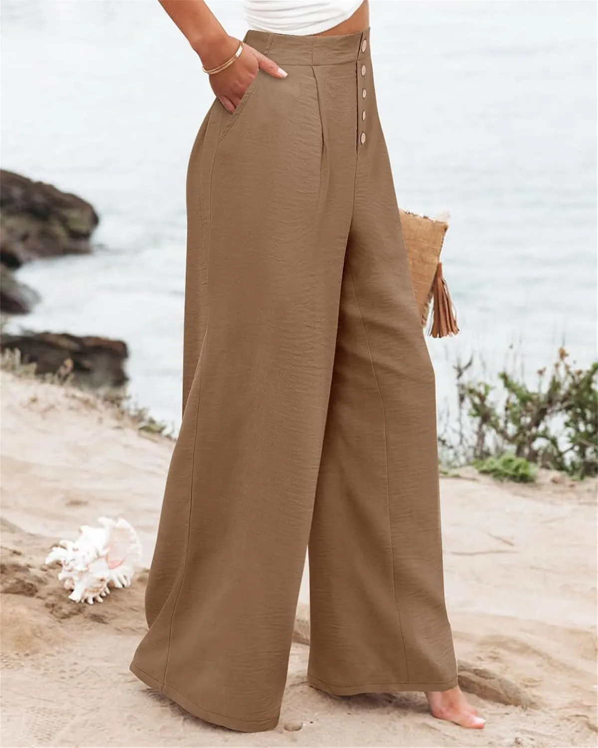 Wide Leg Pants for Women Summer Fashion Button High Waist Pant Solid Color Casual Loose Business Pants with Pocket