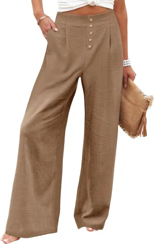 Wide Leg Pants for Women Summer Fashion Button High Waist Pant Solid Color Casual Loose Business Pants with Pocket