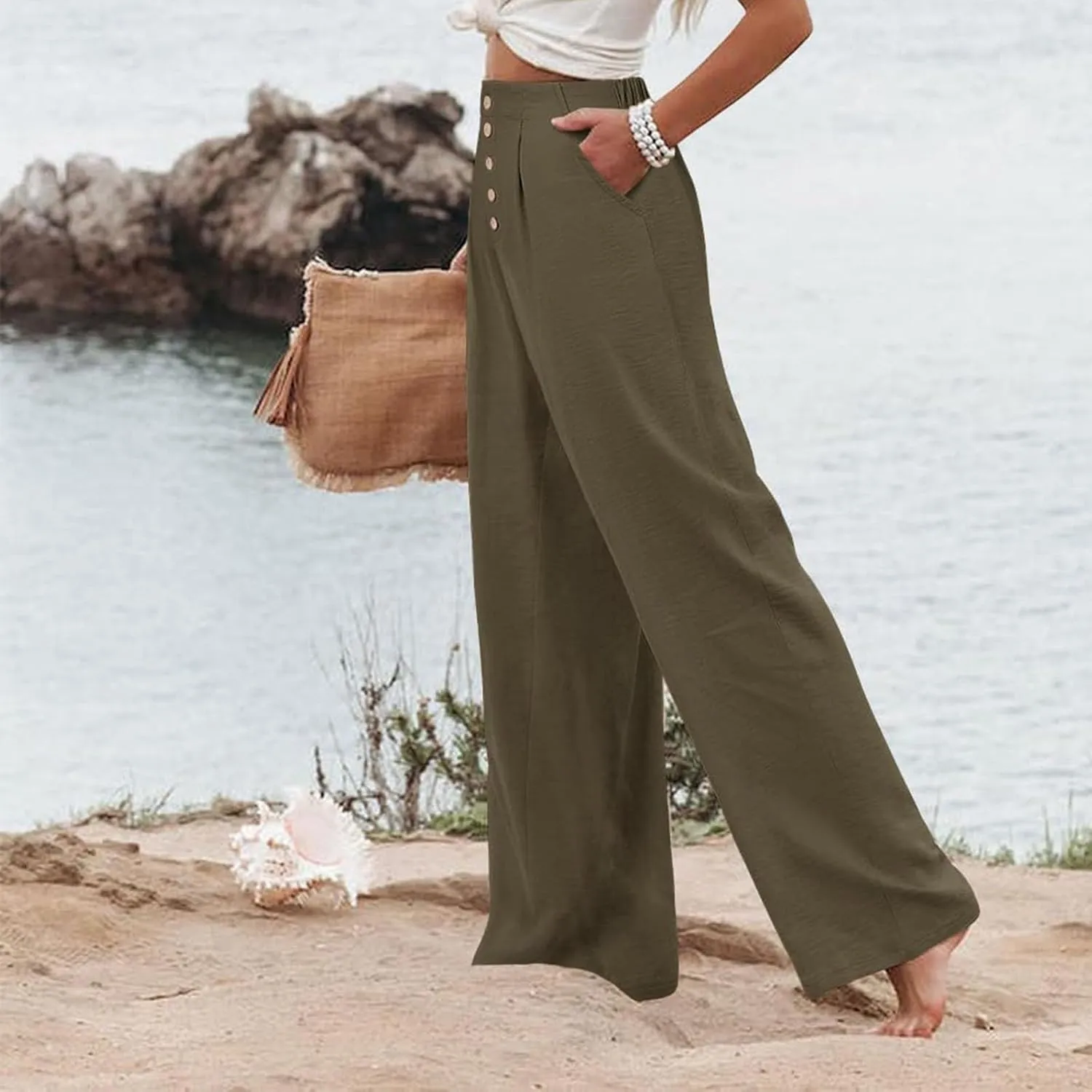 Wide Leg Pants for Women Summer Fashion Button High Waist Pant Solid Color Casual Loose Business Pants with Pocket