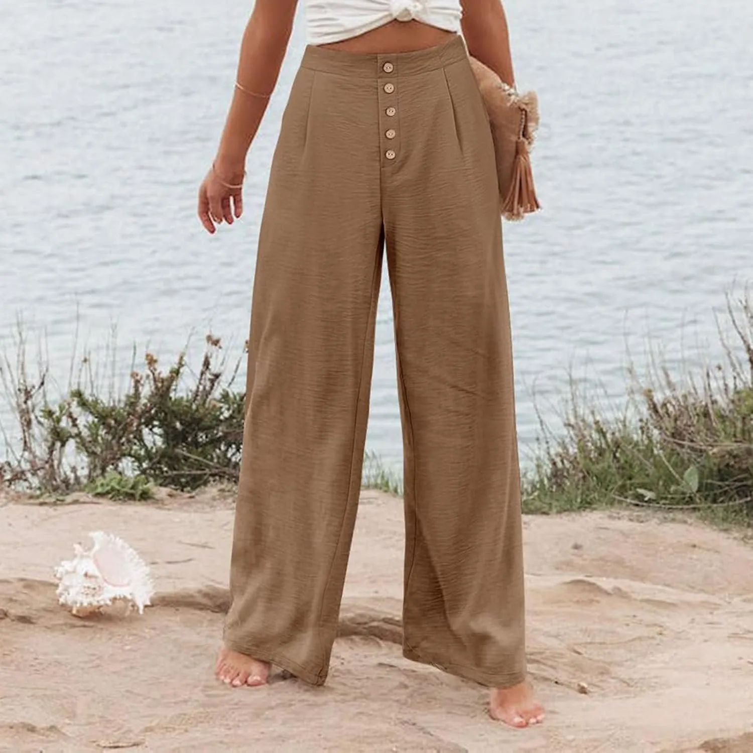 Wide Leg Pants for Women Summer Fashion Button High Waist Pant Solid Color Casual Loose Business Pants with Pocket