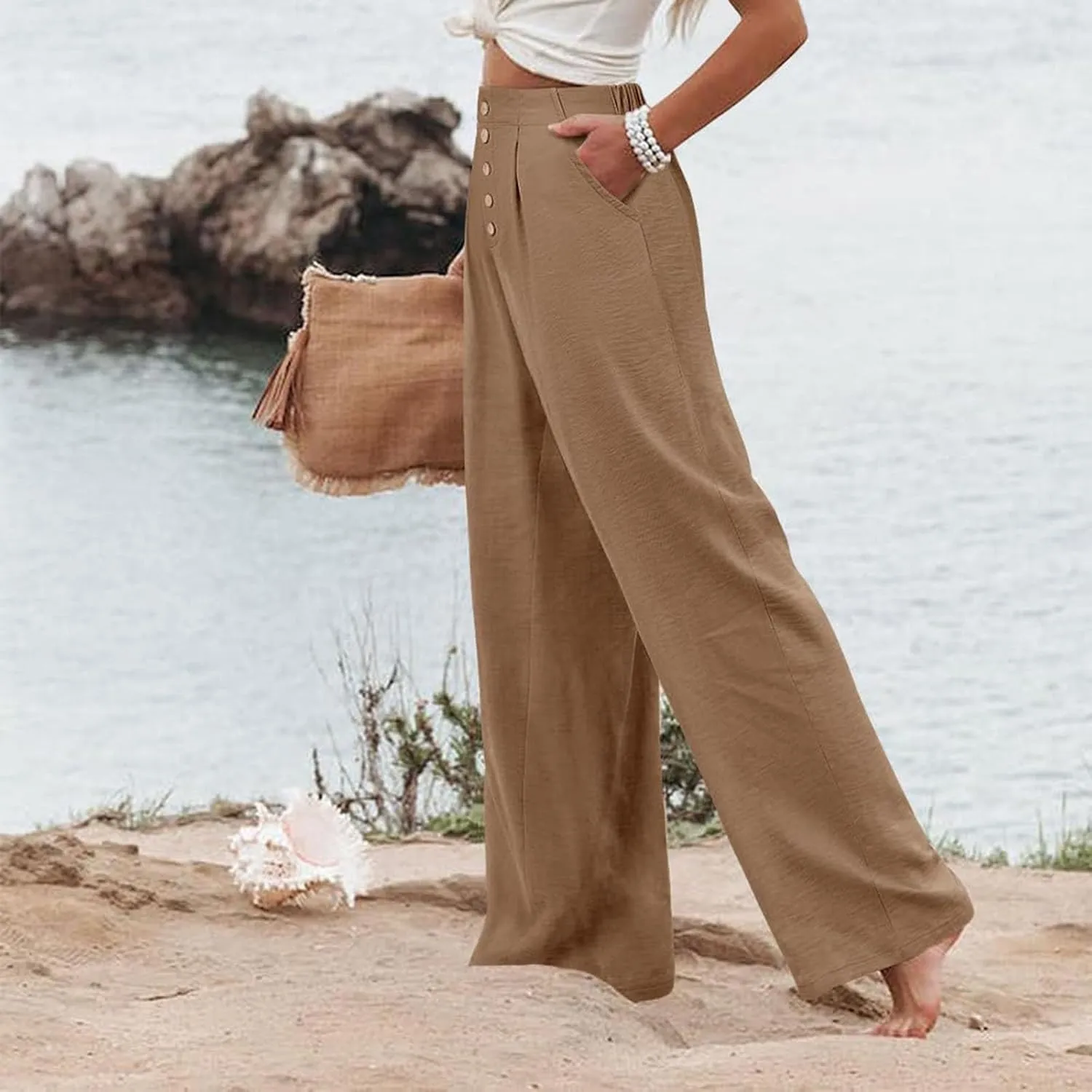 Wide Leg Pants for Women Summer Fashion Button High Waist Pant Solid Color Casual Loose Business Pants with Pocket