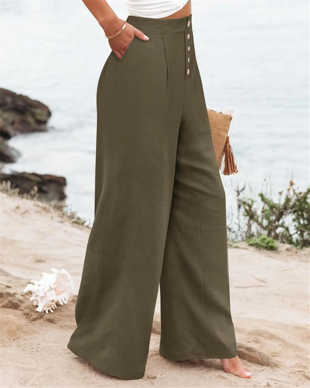 Wide Leg Pants for Women Summer Fashion Button High Waist Pant Solid Color Casual Loose Business Pants with Pocket