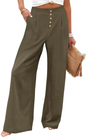 Wide Leg Pants for Women Summer Fashion Button High Waist Pant Solid Color Casual Loose Business Pants with Pocket