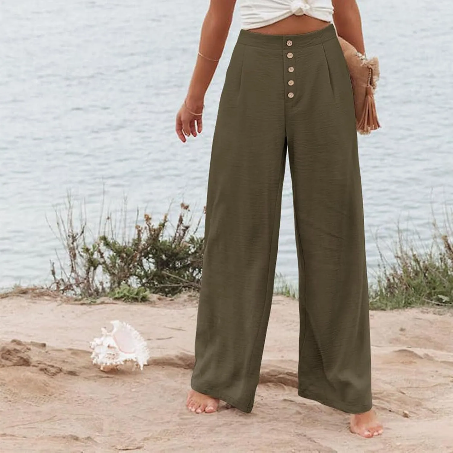 Wide Leg Pants for Women Summer Fashion Button High Waist Pant Solid Color Casual Loose Business Pants with Pocket