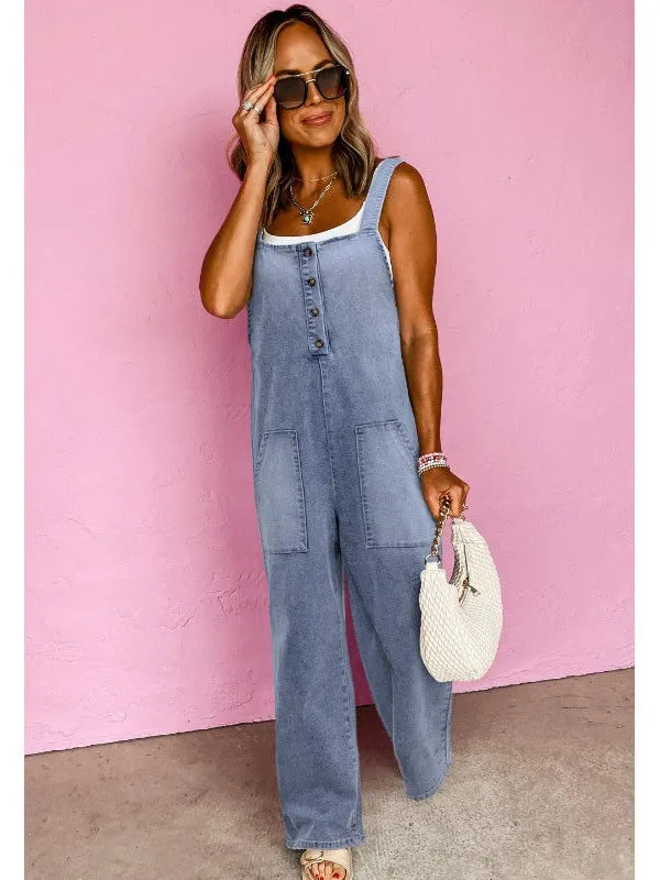 Wide Strap Denim Overalls with Pockets