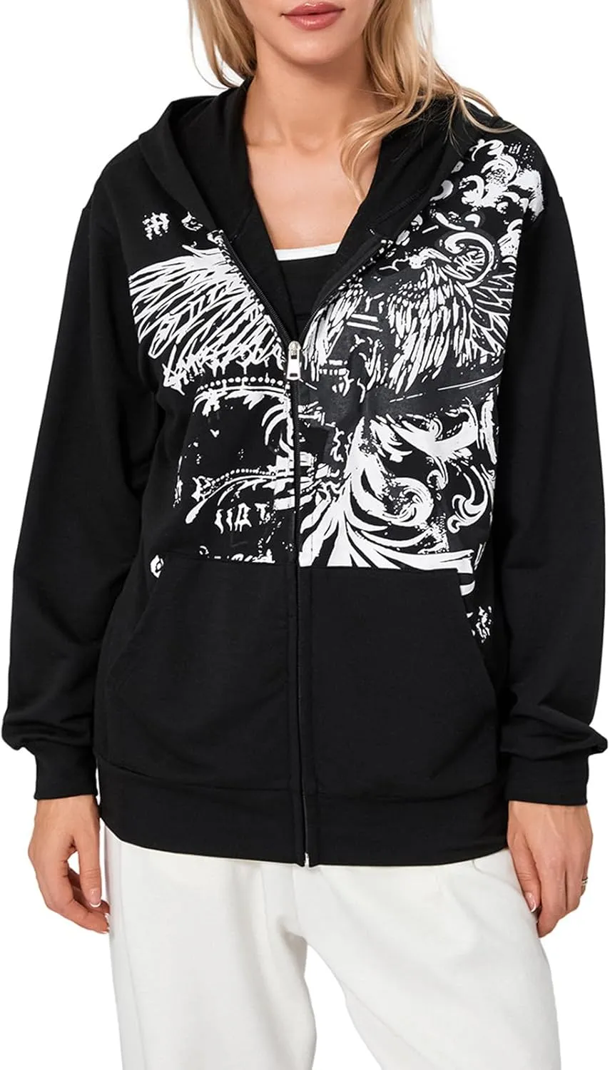 Winioder Women Y2K Zip Up Hoodie Vintage Graphic Oversized Hoodies Grunge Aesthetic Sweatshirt Jacket Skeleton Gothic Hoodie