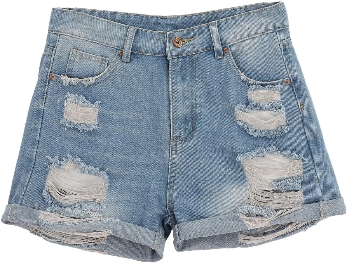Women 2025 Summer Denim Shorts Trendy High Waisted Ripped Distressed Jean Shorts Stretchy Casual Fashion Jean Shorts