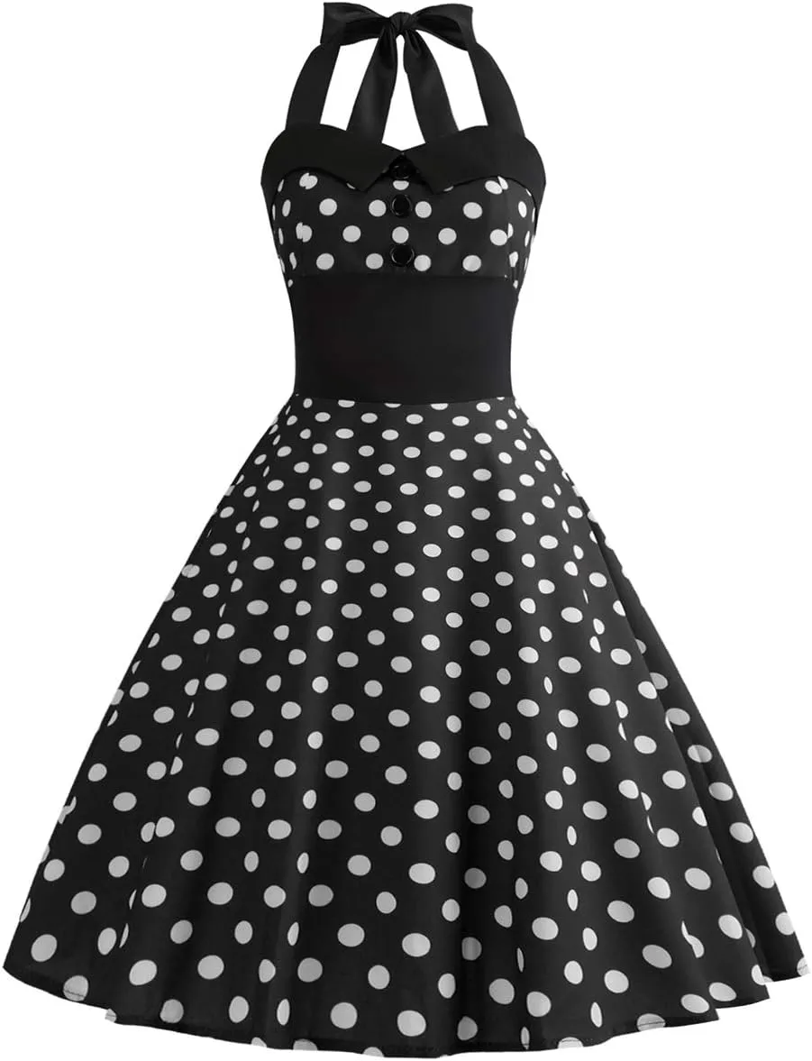 Women 50s Vintage Polka Dot Halter Cocktail Swing Dress Buttons Floral 1950s Rockabilly Audrey Hepburn Prom Tea Party Dress