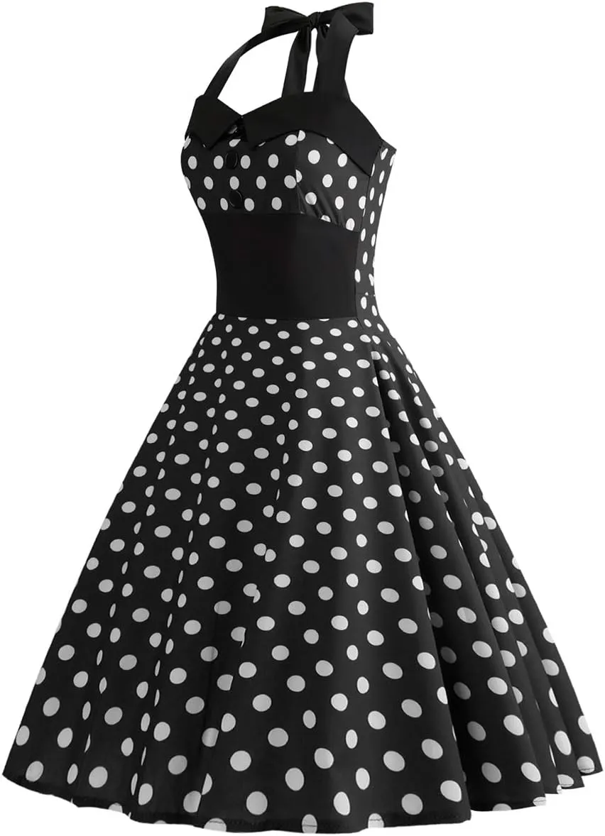 Women 50s Vintage Polka Dot Halter Cocktail Swing Dress Buttons Floral 1950s Rockabilly Audrey Hepburn Prom Tea Party Dress