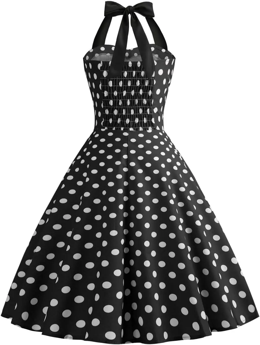 Women 50s Vintage Polka Dot Halter Cocktail Swing Dress Buttons Floral 1950s Rockabilly Audrey Hepburn Prom Tea Party Dress