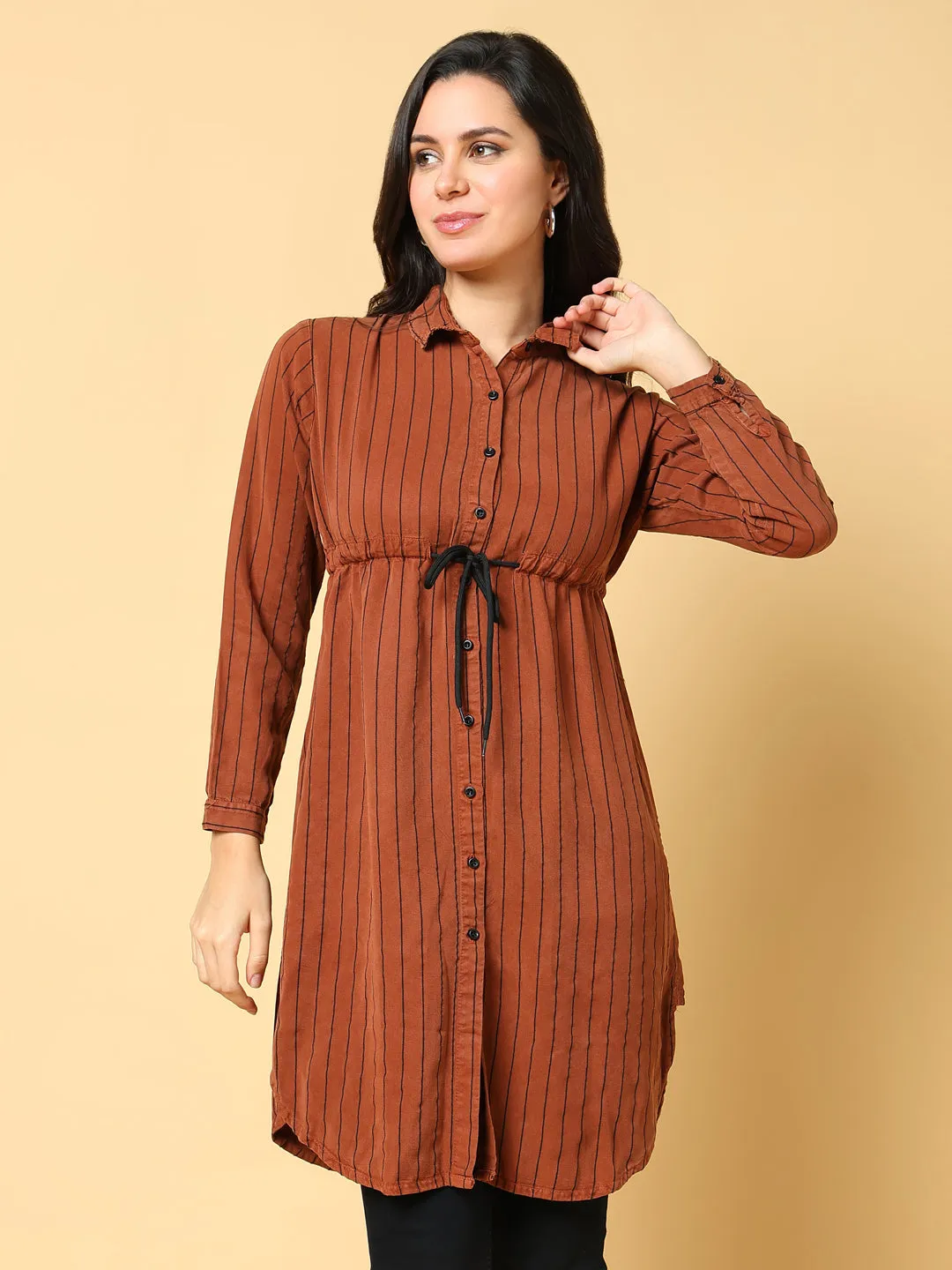 Women Brown Striped Cotton Shirt Style Top