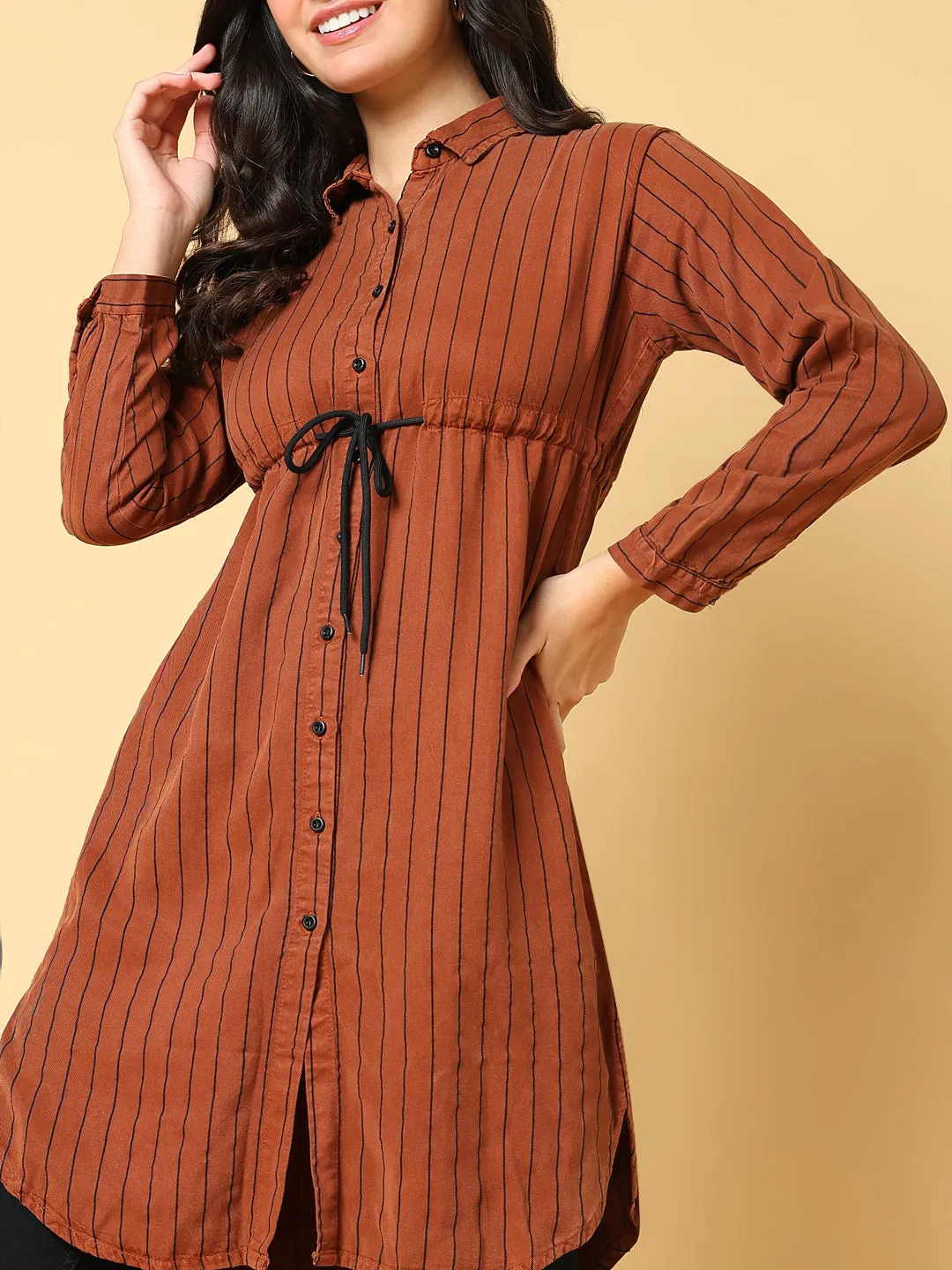Women Brown Striped Cotton Shirt Style Top