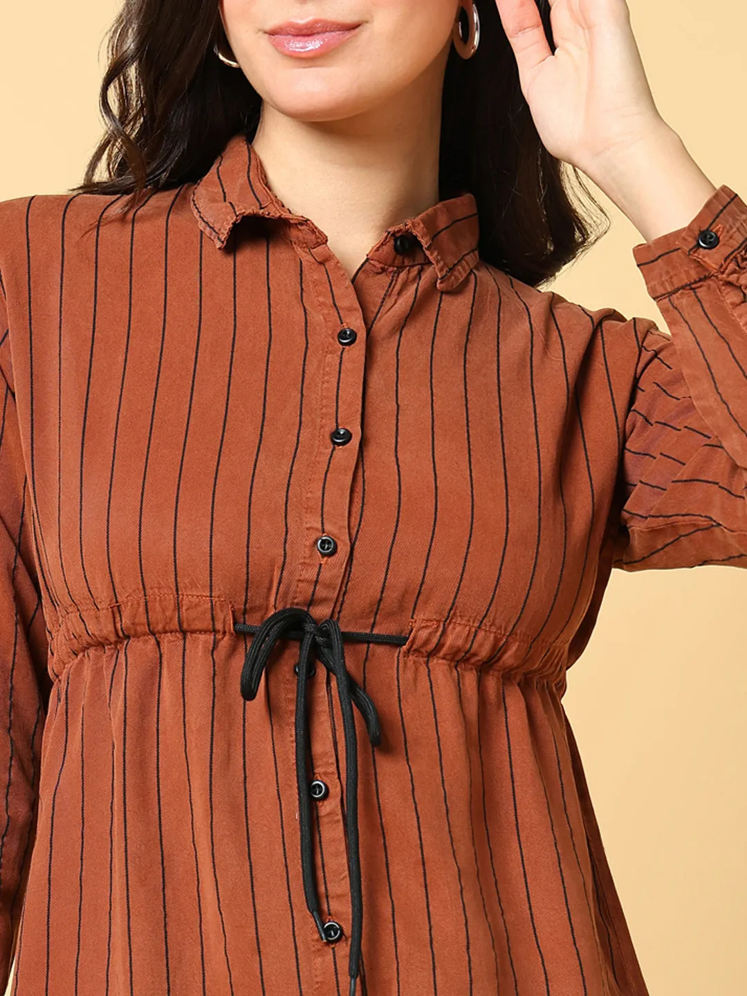 Women Brown Striped Cotton Shirt Style Top