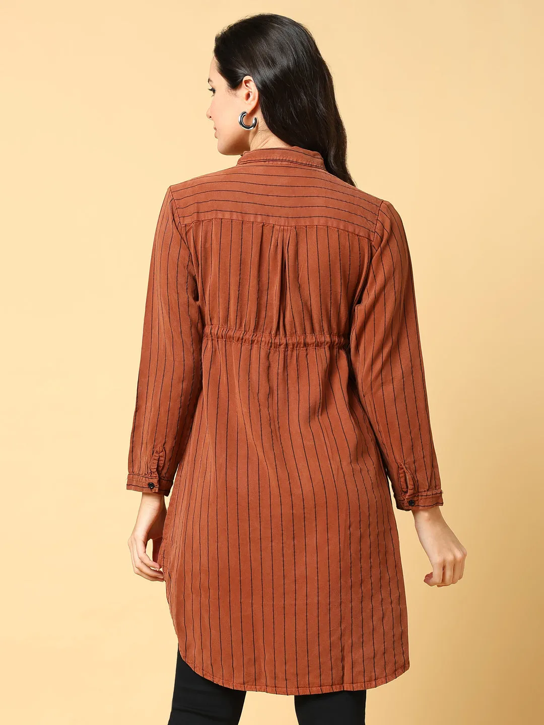 Women Brown Striped Cotton Shirt Style Top