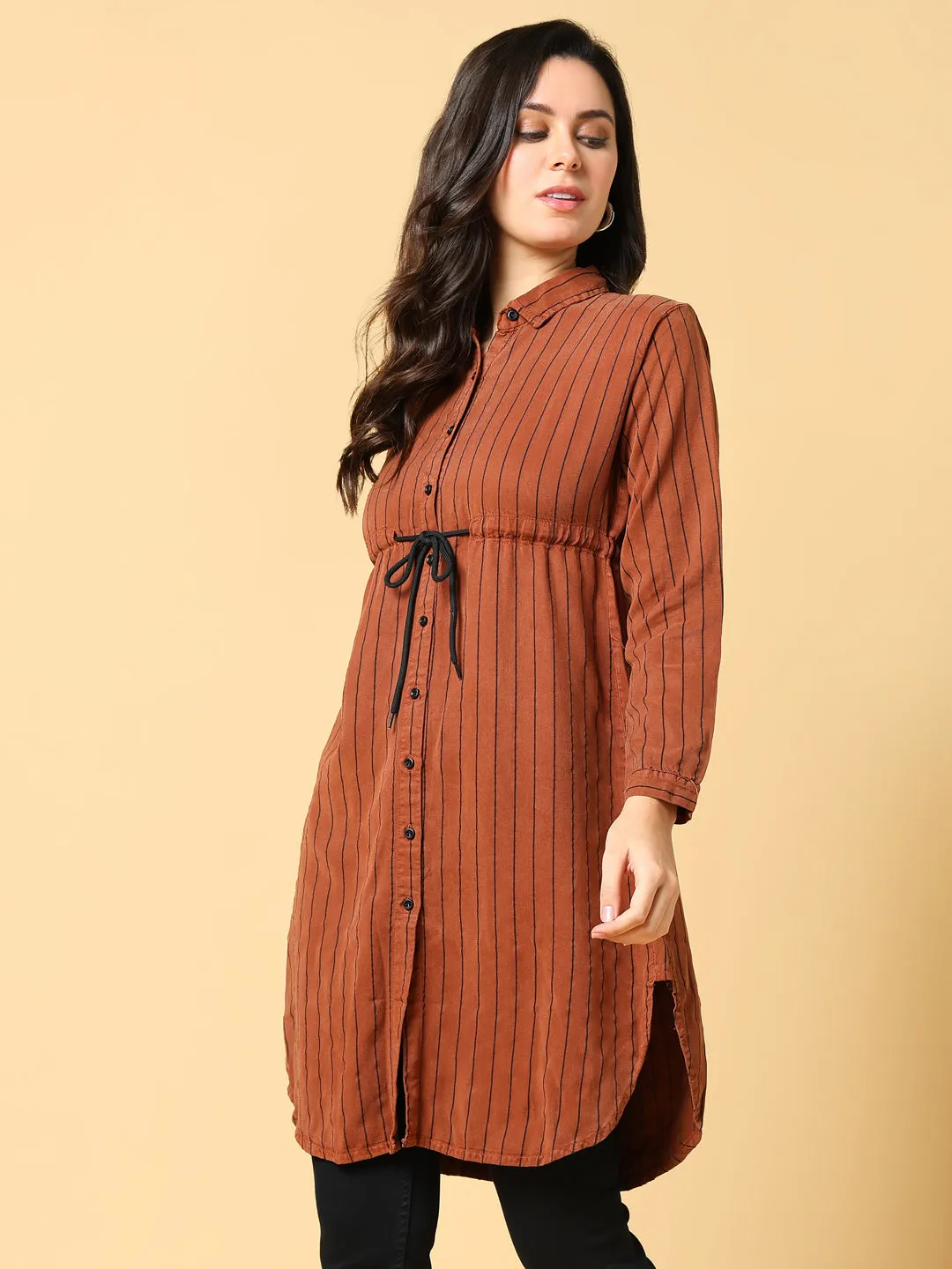 Women Brown Striped Cotton Shirt Style Top