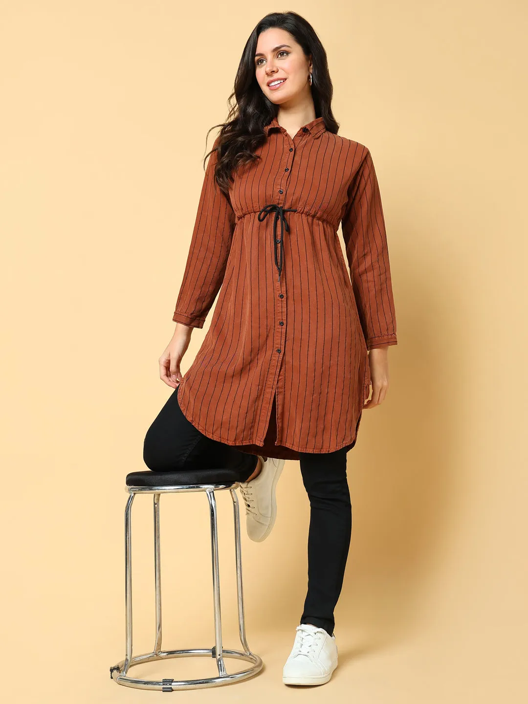 Women Brown Striped Cotton Shirt Style Top
