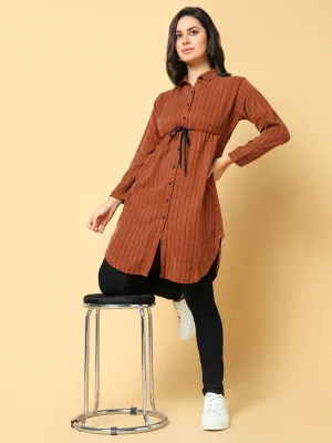 Women Brown Striped Cotton Shirt Style Top