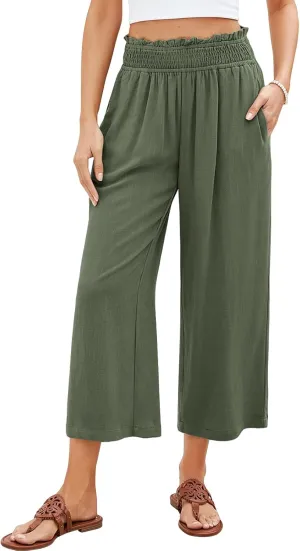 Women Capri Linen Pant Casual Loose High Waist Wide Leg Cropped Palazzo Trousers Summer Elastic Waist Flowy Beach Pants