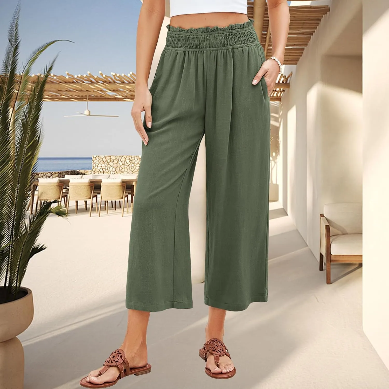 Women Capri Linen Pant Casual Loose High Waist Wide Leg Cropped Palazzo Trousers Summer Elastic Waist Flowy Beach Pants