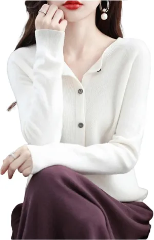 Women Cardigan Wool Fine Knit Long Sleeve Crewneck Warm Solid Color Button Down Classic Sweater for Girls(Large, White)