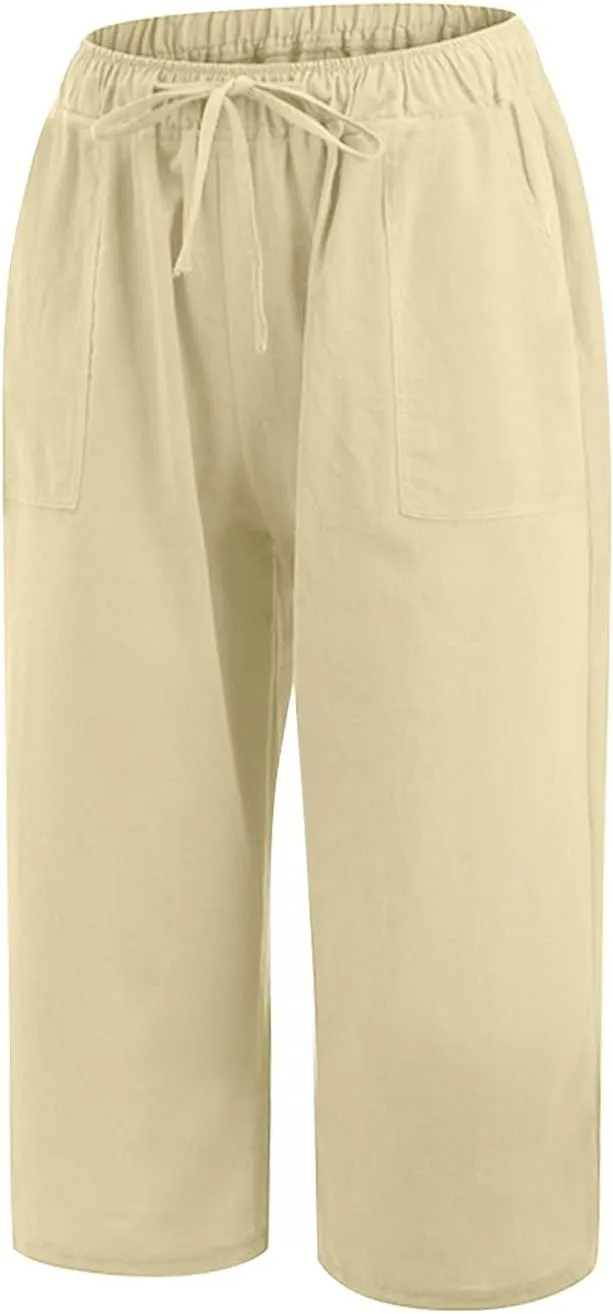 Women Cotton Linen Summer Boho Pants High Waist Ankle Length Plus Size Trouser Travel