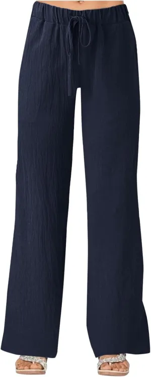 Women Cotton Linen Summer Boho Pants High Waist Straight Slim-Fit Pant Trousers Work Business