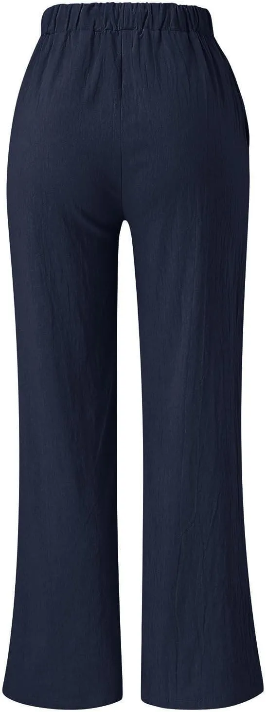 Women Cotton Linen Summer Boho Pants High Waist Straight Slim-Fit Pant Trousers Work Business