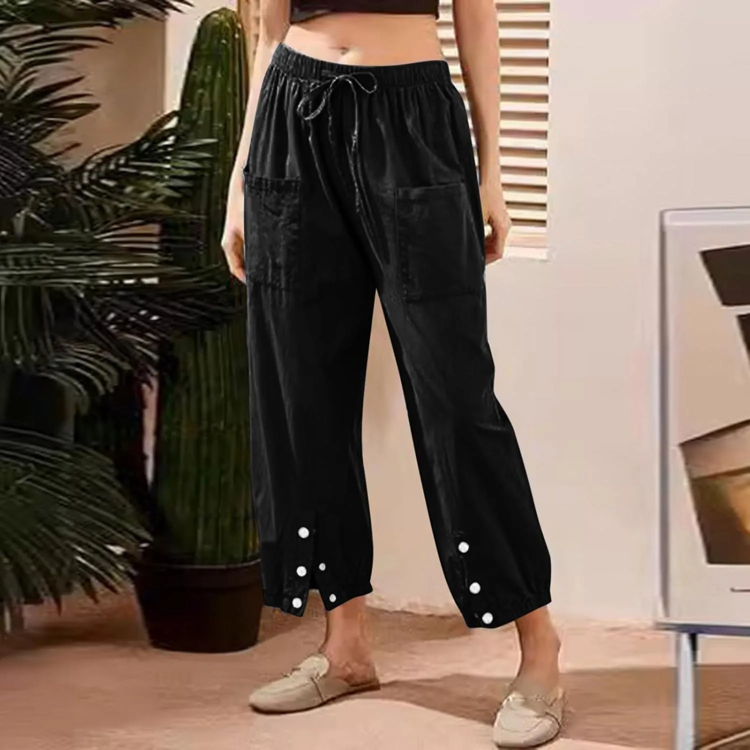 Women Cotton Linen Summer Letter Patched Palazzo Lounge Pants Elastic Waist Straight Loose Fit Palazzo Lounge