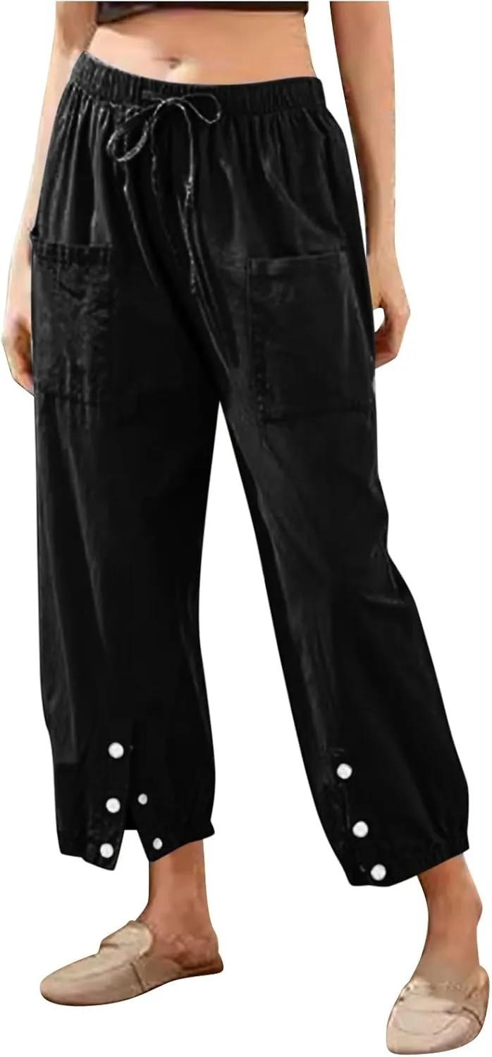 Women Cotton Linen Summer Letter Patched Palazzo Lounge Pants Elastic Waist Straight Loose Fit Palazzo Lounge
