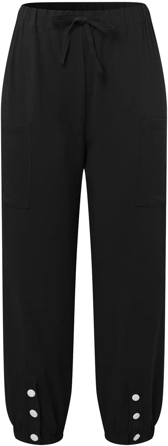 Women Cotton Linen Summer Letter Patched Palazzo Lounge Pants Elastic Waist Straight Loose Fit Palazzo Lounge