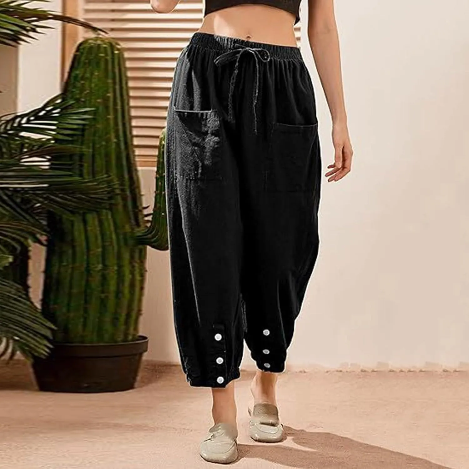 Women Cotton Linen Summer Letter Patched Palazzo Lounge Pants Elastic Waist Straight Loose Fit Palazzo Lounge