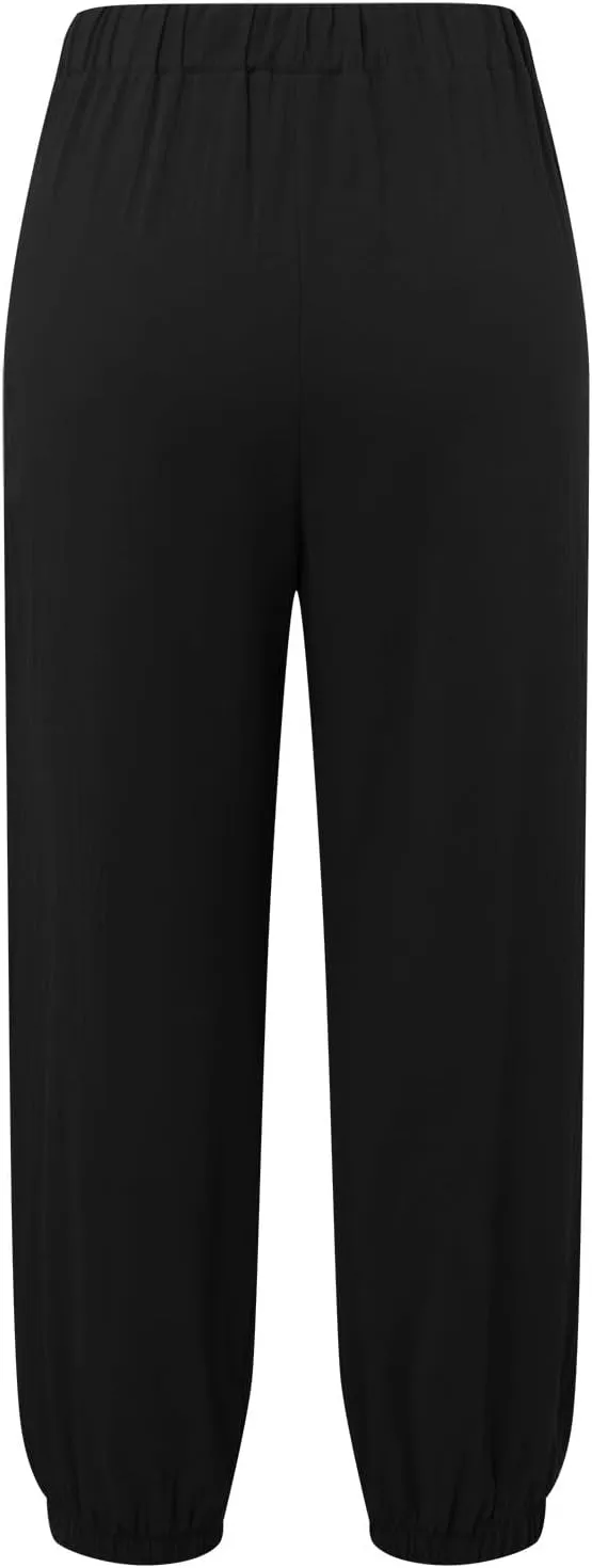 Women Cotton Linen Summer Letter Patched Palazzo Lounge Pants Elastic Waist Straight Loose Fit Palazzo Lounge